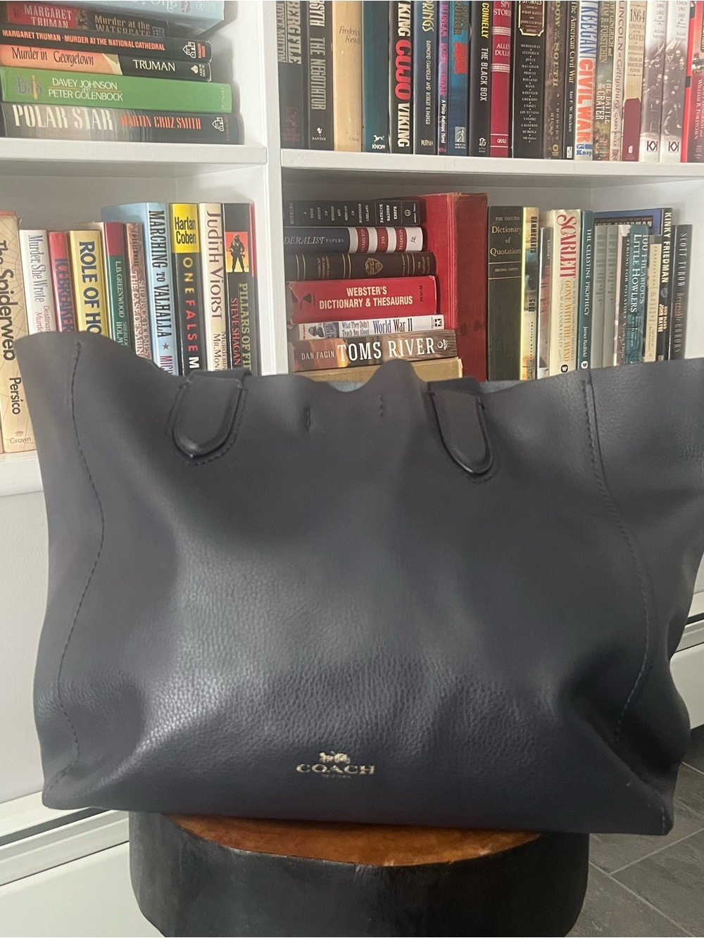 Coach Derby Tote Bag in Navy Blue Pebble Leather | Suede Interior